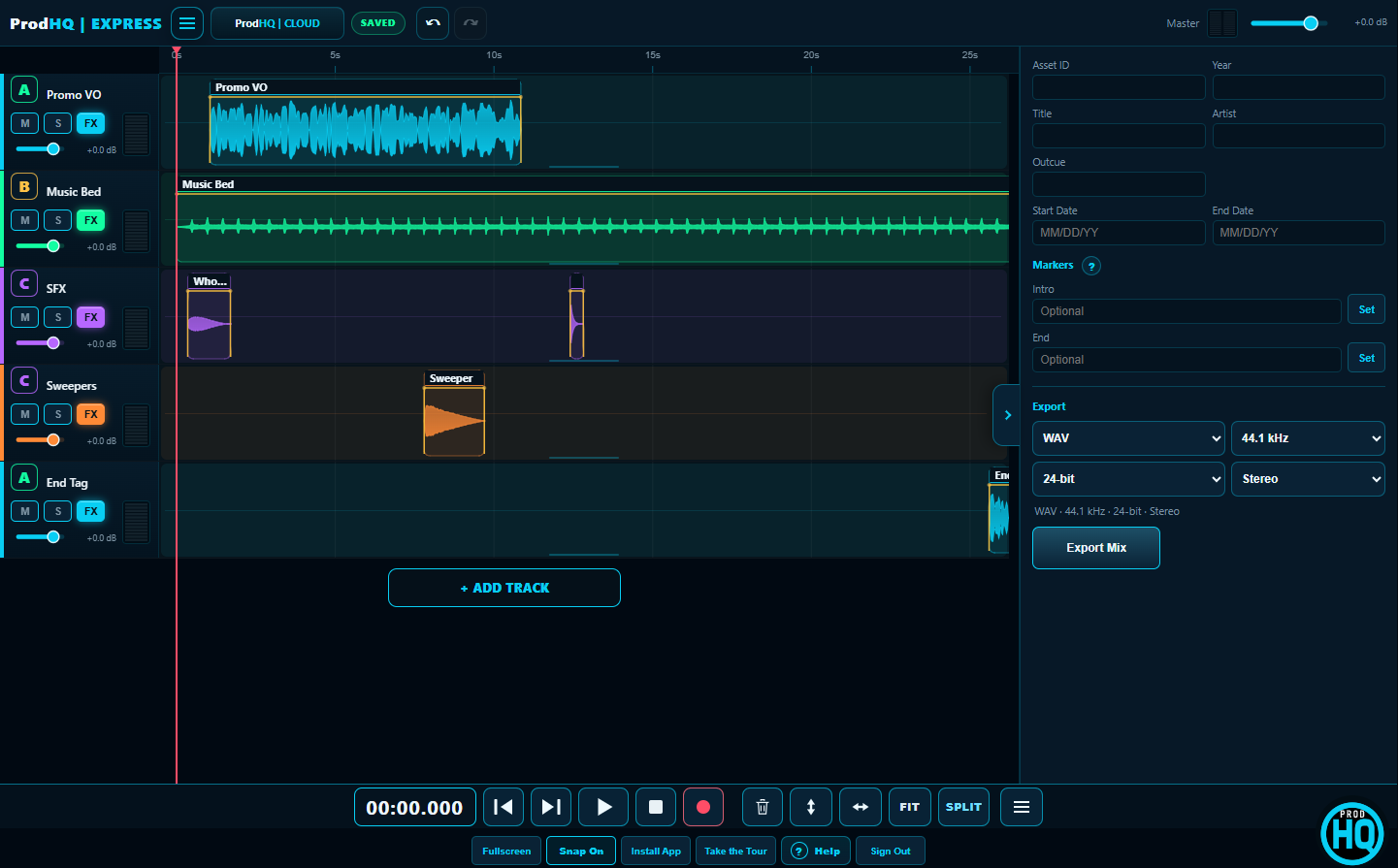 ProdHQ Express timeline with voice, bed, and promo clips